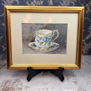 Barbara Mock Morning Glory Teacup Framed Art Print Floral Still Life Gold Frame